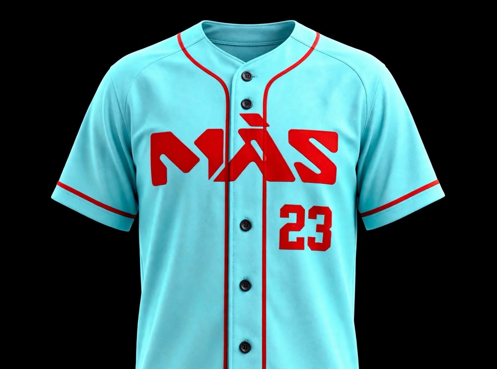MÁS specialty jersey: Caribbean Sea with red mark, piping and number