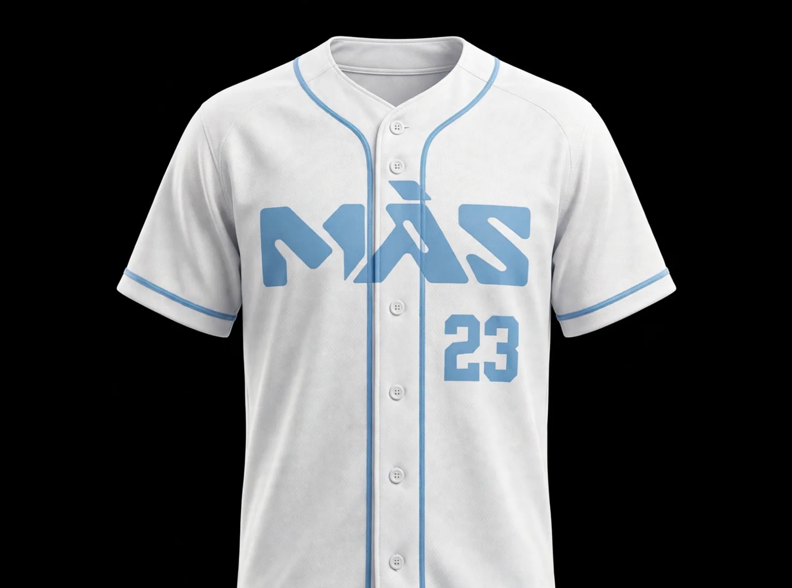 MÁS away jersey: white with light blue mark, piping and number